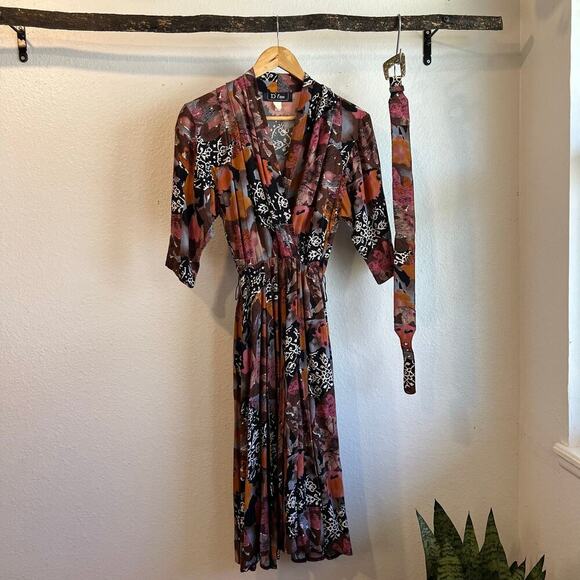 D' Lim Vintage Abstract Pink Floral Long Sleeve Dress with Belt Pockets Size XS - Picture 16 of 16